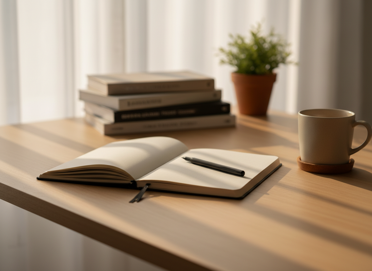 A neatly arranged coaching workspace without any people, featuring an open linen-textured notebook with a fine-point pen resting diagonally across its blank page, placed on a smooth light-oak desk. Beside it sits a softly glowing sand-colored ceramic mug on a cork coaster. In the background, an unfocused stack of thoughtfully chosen books and a small green plant add depth. Late-afternoon natural light filters through sheer white curtains, casting calm, elongated shadows and a warm, golden tone. Photographic realism, eye-level composition with shallow depth of field keeps the notebook in sharp focus, creating a grounded, sophisticated, and inviting atmosphere that suggests reflection, clarity, and quiet inner work.