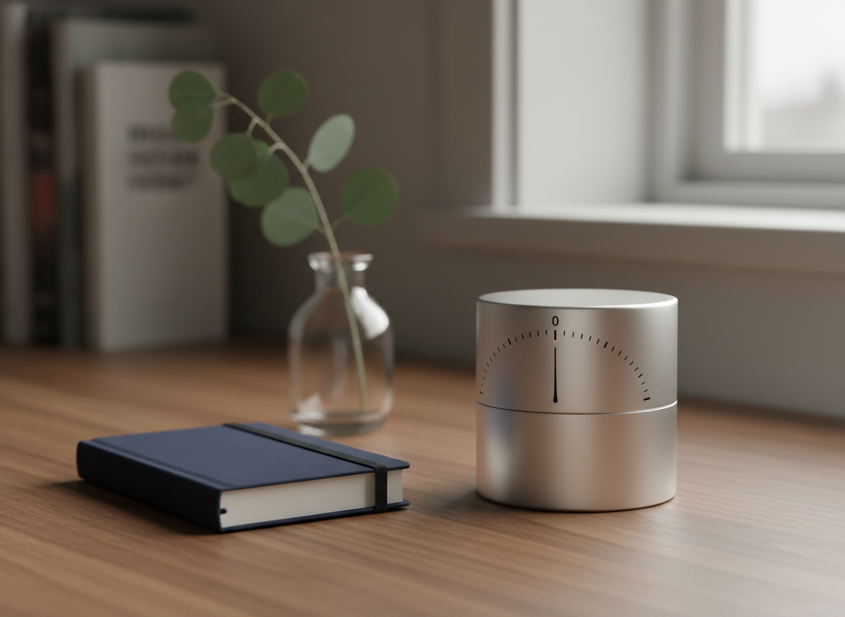 A minimalist analog timer made of brushed matte metal with a clean white face and slender black hand, positioned beside a small, closed navy cloth-bound journal strapped with an elastic band, both resting on a walnut desk. A single sprig of eucalyptus in a clear glass bud vase stands a little behind them, adding organic texture and muted green color. Soft, overcast window light from the right creates a calm, even illumination with subtle reflections on the metal surface and gentle shadows. Photographic realism, composed with rule-of-thirds framing and moderate depth of field, keeping all key objects in focus while the distant background fades softly. The scene feels structured yet compassionate, symbolizing dedicated time, focus, and gentle accountability in personal growth.