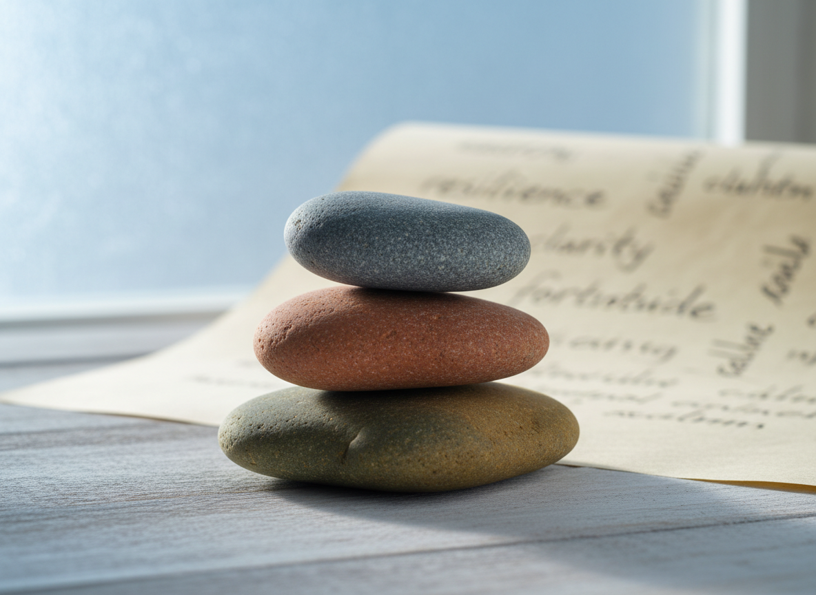 A single smooth river stone, slate-gray with subtle speckles, balanced perfectly atop a small stack of slightly larger stones in complementary earthy tones, arranged on a pale wooden surface. Behind the stones, an unfurled sheet of textured ivory paper shows faint, handwritten keywords like “resilience” and “clarity” in soft, out-of-focus script. Cool morning light enters from the left, diffused through frosted glass, creating delicate highlights along the stone edges and gentle, calming shadows. Photographic realism with a close-up, slightly low-angle perspective, using shallow depth of field so the front stone stack is crisp while the background dissolves into soft bokeh. The mood is serene, stable, and grounded, conveying inner strength slowly built over time.